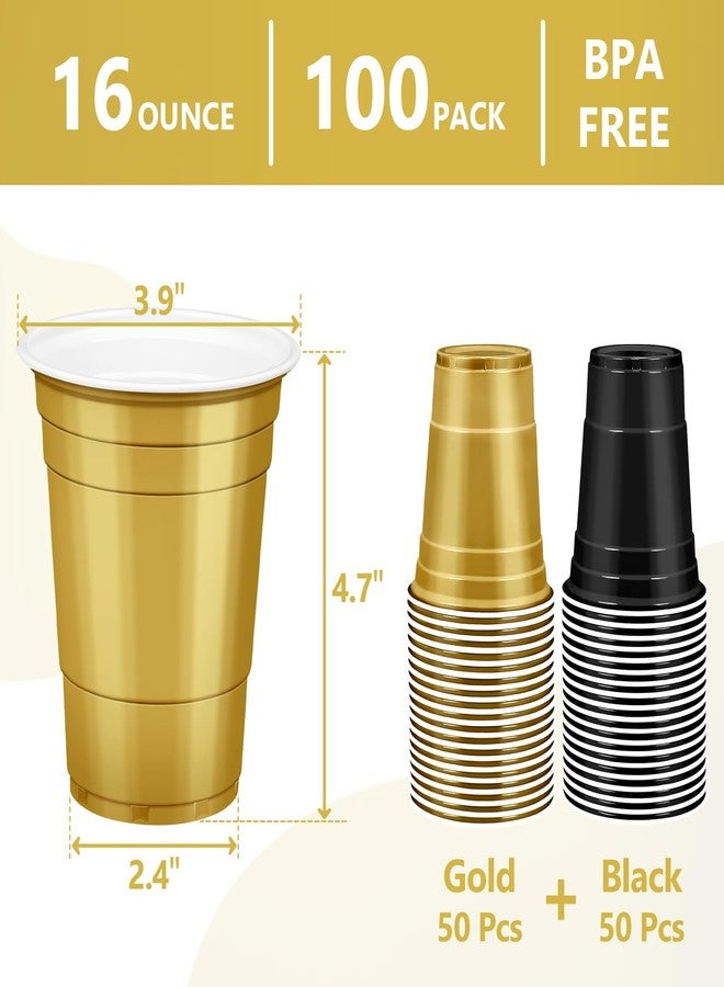 LANLISA 100Pcs Black and Gold Plastic Cups, 16 oz Disposable Cups For Birthday Party, Graduation Decorations, New Years Eve - Image 2
